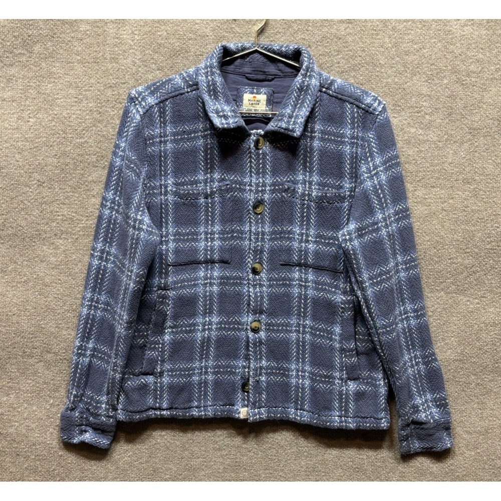 Marine Layer Mens Small Faded Patina Blue Textured Herringbone Overshirt Shacket